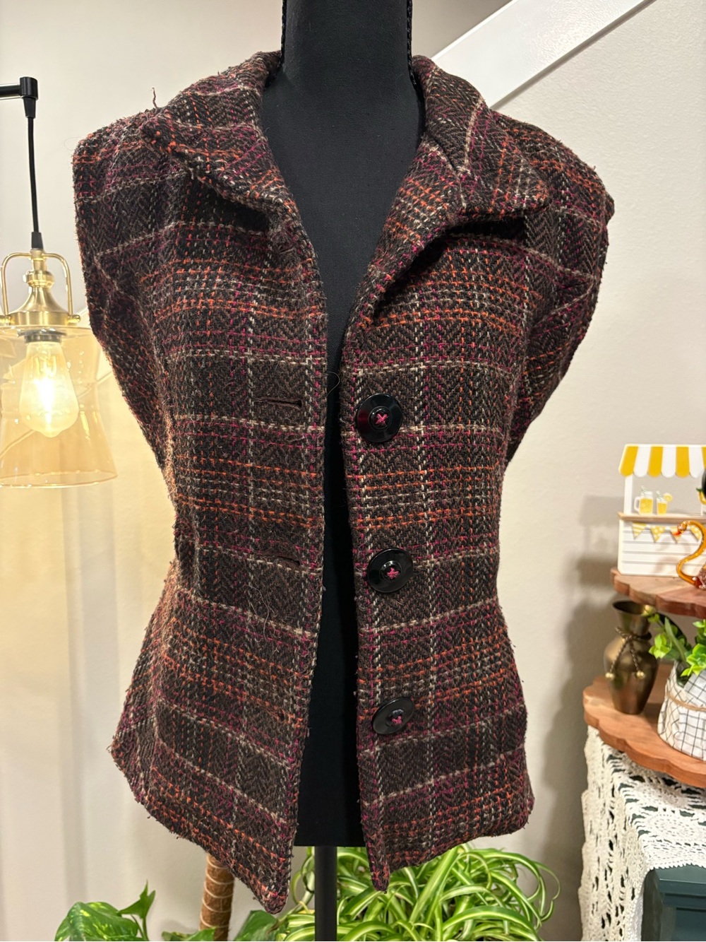 CAbi Brown Plaid Wool-Blend Button Front vest